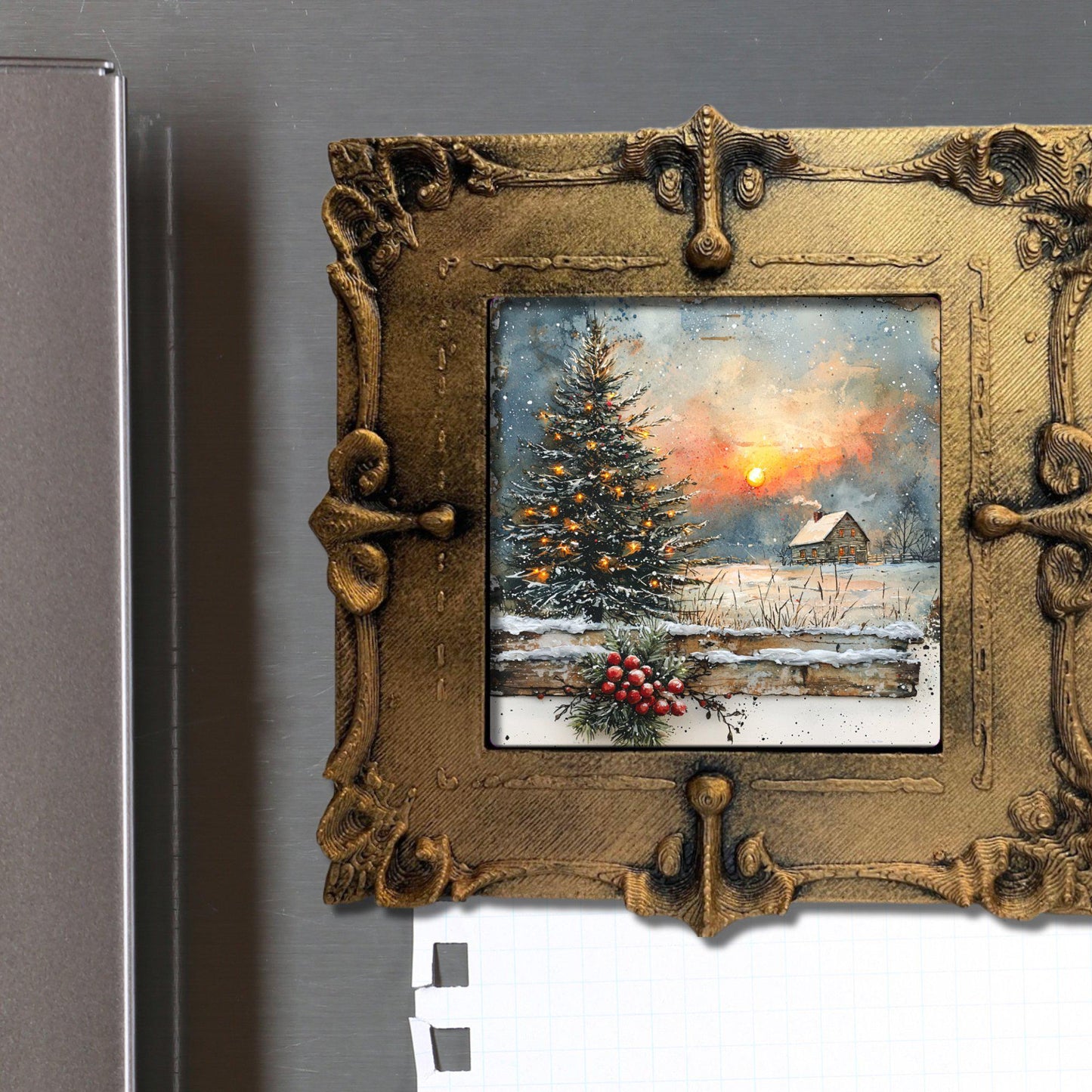 Rustic Farmhouse Christmas Tiny Art Fridge Magnet Gold Framed Fridgescaping Art Picture Gallery Tiny Art Gift for Her Wife Mom