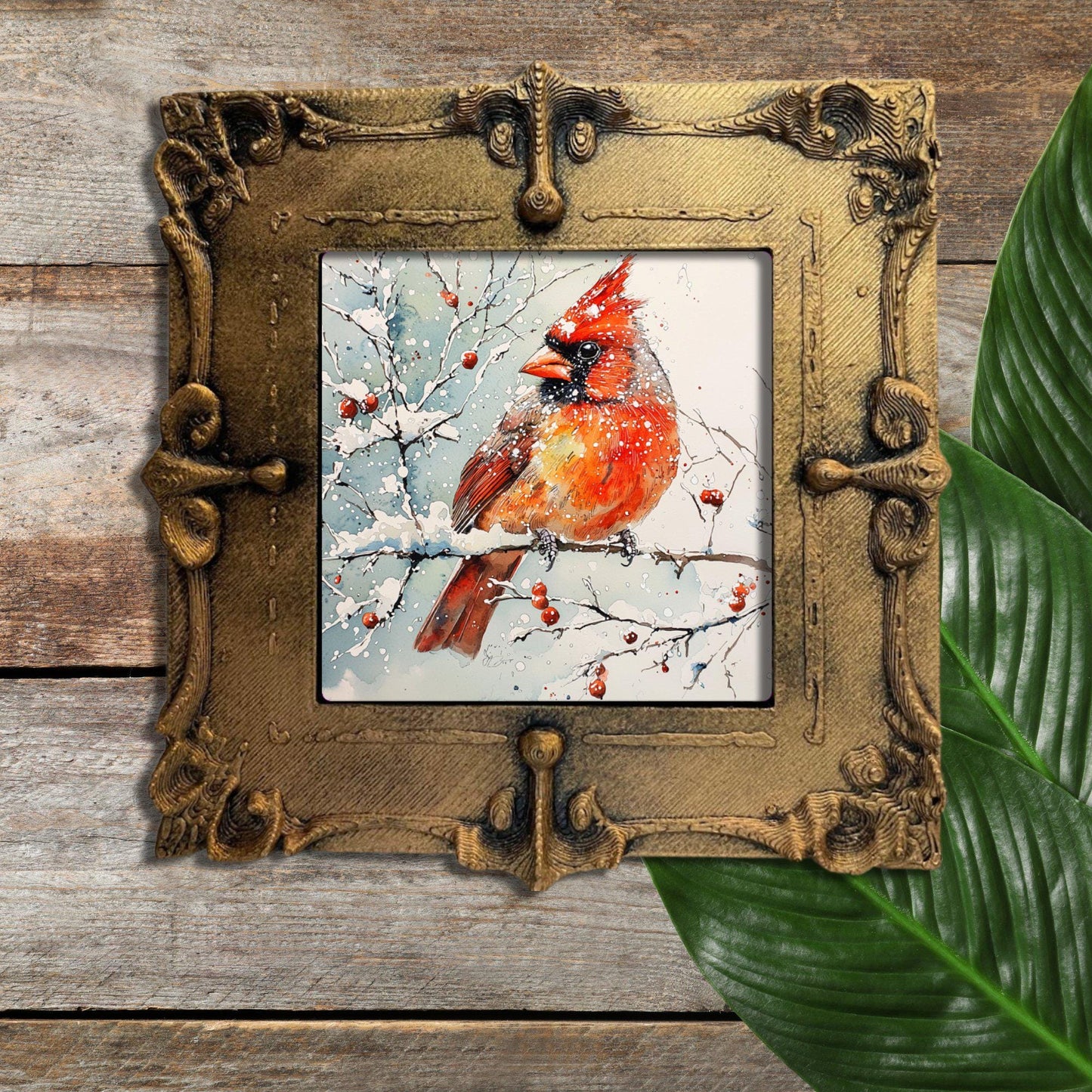 Wintery Cardinal Scene Tiny Art Fridge Magnet Gold Framed Fridgescaping Art Picture Gallery Tiny Art Gift for Her Wife Mom