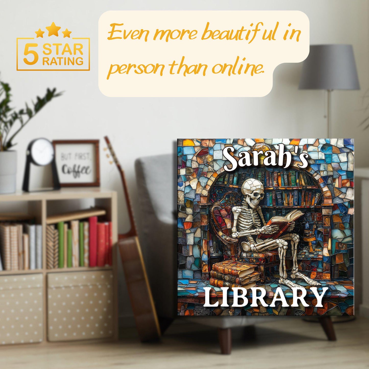 Skeleton Reading Personalized Library Sign Book Lover Bookworm Biblio Gift Book Nook Shelf Decor Booktoker-Gift for Bookish