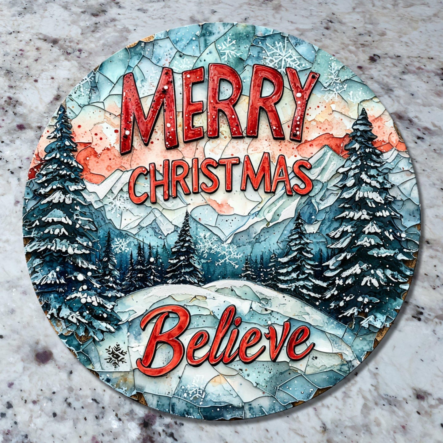 Merry Christmas Believe Glass Cutting Board 8-inch Round Trivet Charcuterie Board Gift for Her Mom Kitchen Decor