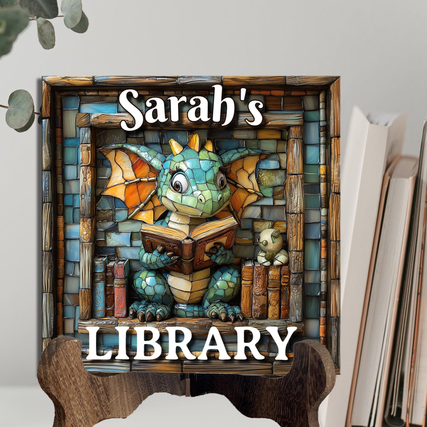 Dragon Reading Personalized Library Sign Book Lover Bookworm Biblio Gift Book Nook Shelf Decor Booktoker-Gift for Bookish