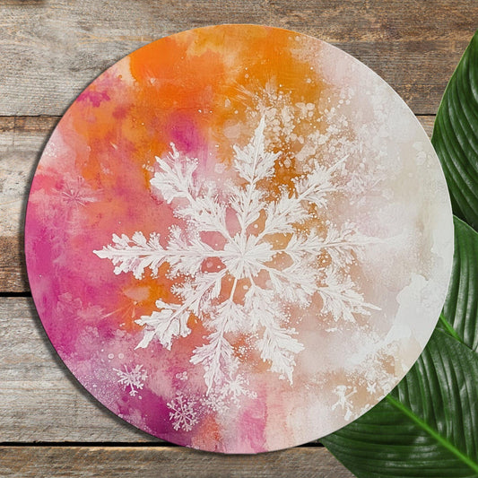 Snowflake on Orange and Pink Glass Cutting Board 8-inch Round Trivet Charcuterie Board Gift for Her Mom Kitchen Decor