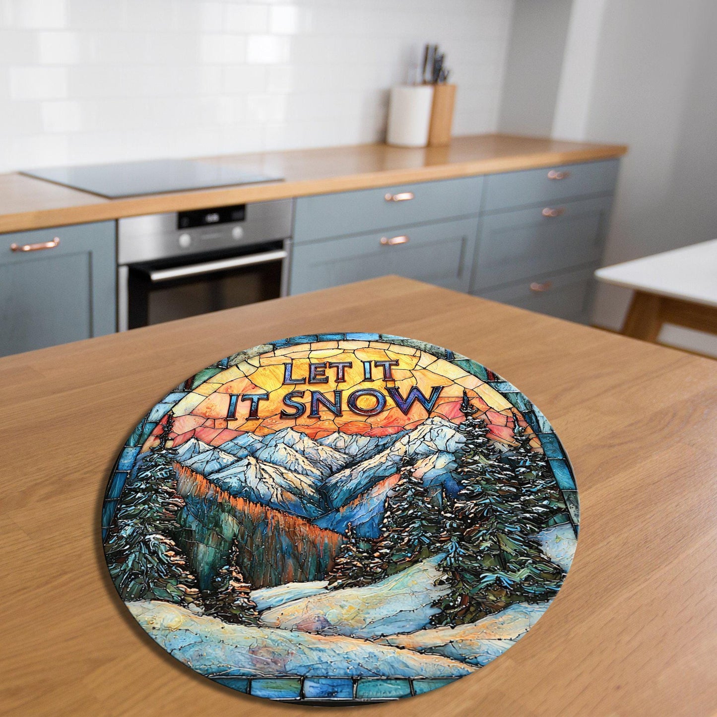 Let It Snow Glass Cutting Board 8-inch Round Trivet Charcuterie Board Gift for Her Mom Kitchen Decor