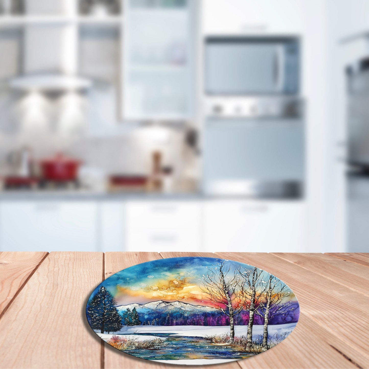 Peaceful Winter Meadow Glass Cutting Board 8-inch Round Trivet Charcuterie Board Gift for Her Mom Kitchen Decor