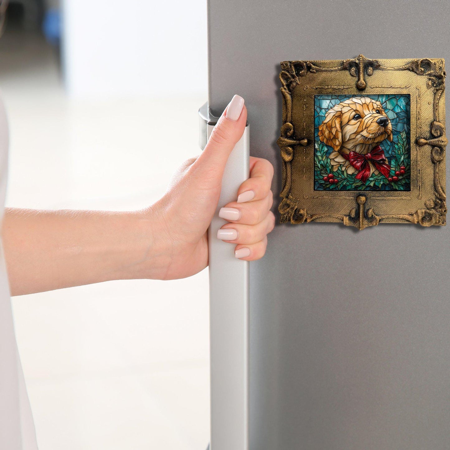 Cute Puppy Christmas Present Tiny Art Fridge Magnet Gold Framed Fridgescaping Art Picture Gallery Tiny Art Gift for Her Wife Mom