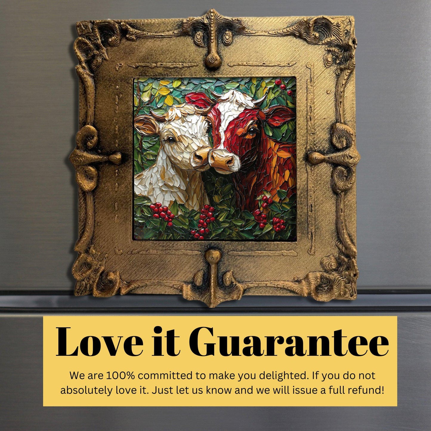 Cows Kissing Under Mistletoe Tiny Art Fridge Magnet Gold Framed Fridgescaping Art Picture Gallery Tiny Art Gift for Her Wife Mom