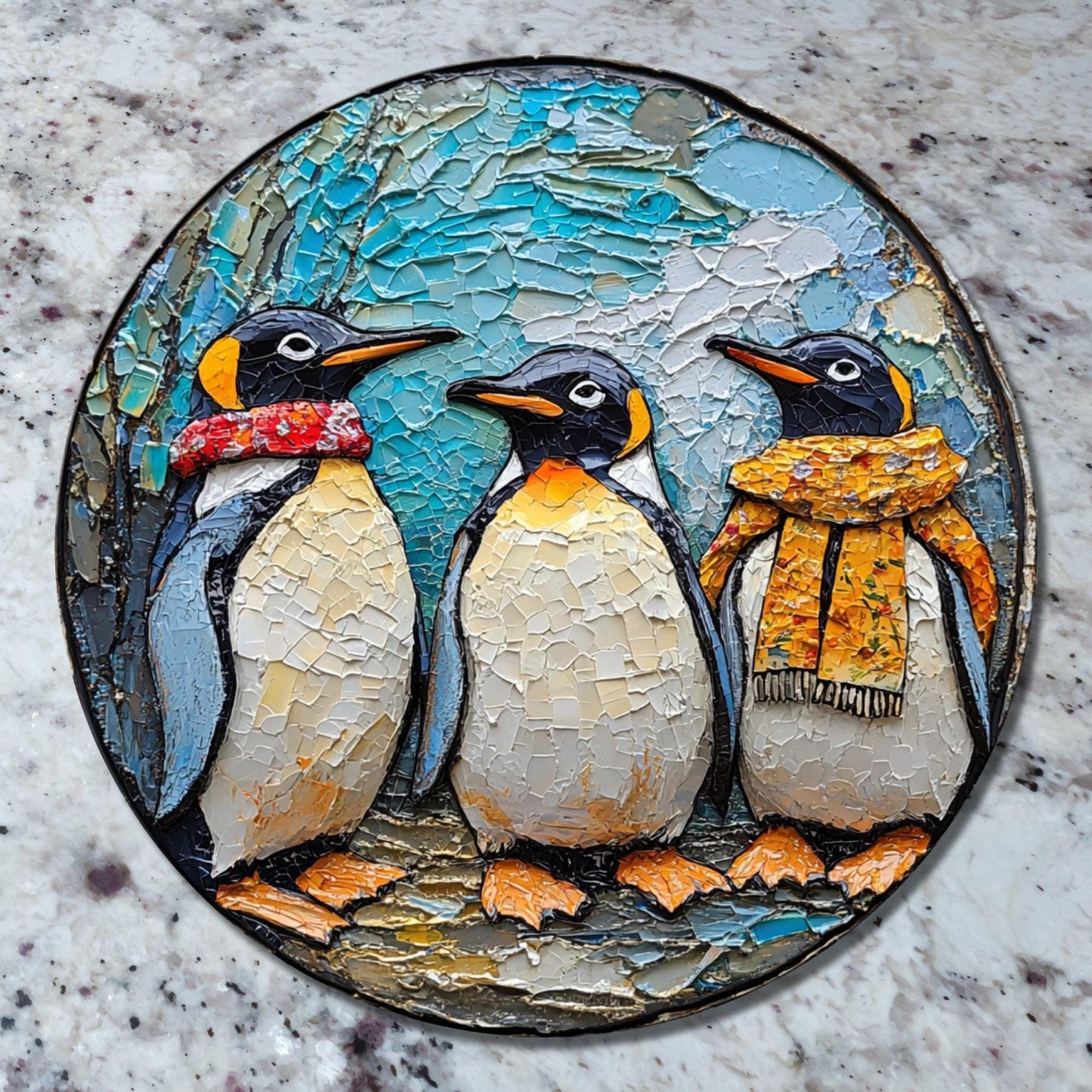 Penguins Ready for Christmas Glass Cutting Board 8-inch Round Trivet Charcuterie Board Gift for Her Mom Kitchen Decor