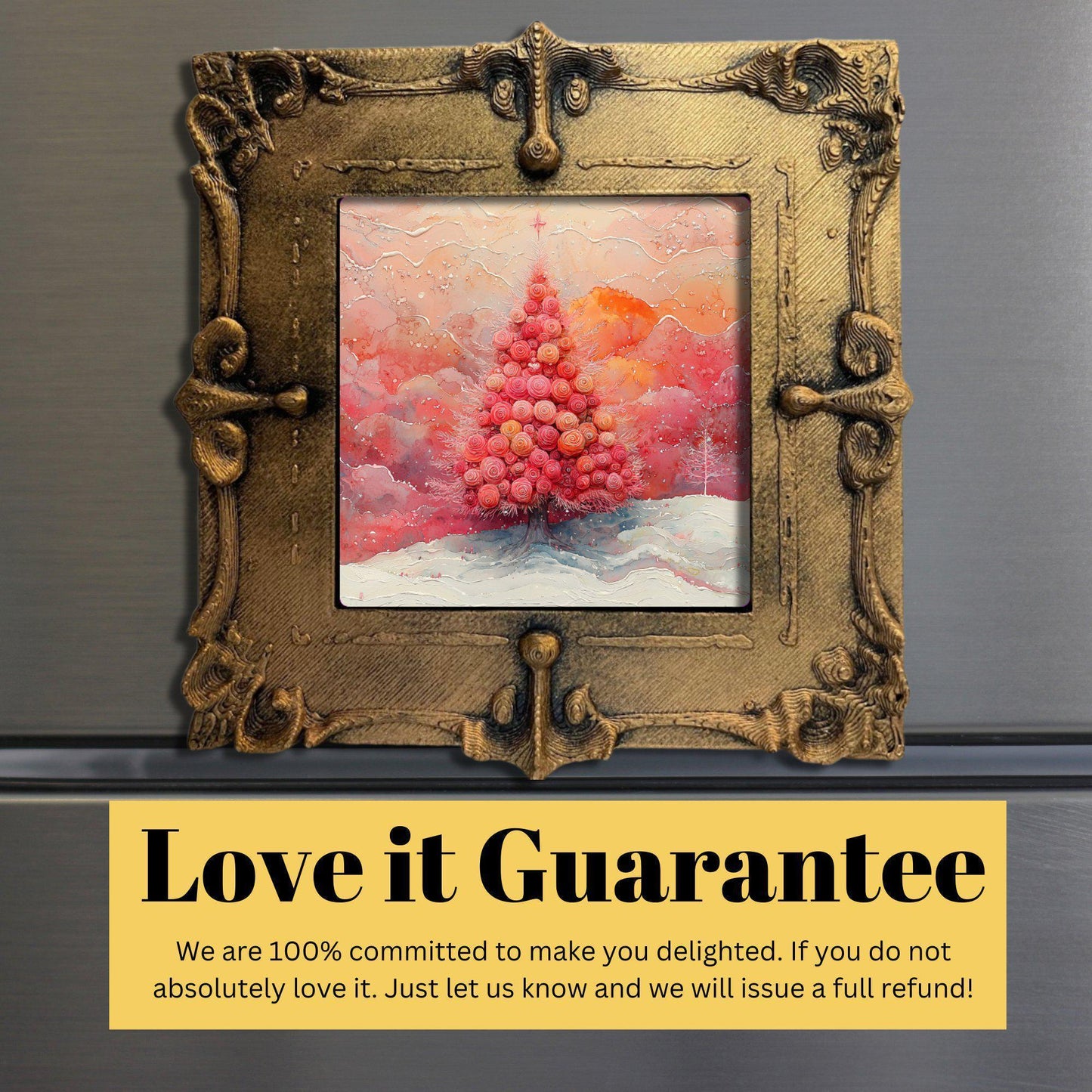 Pink Floral Christmas Tree Gold Framed Refrigerator Magnet, Mini Art, Grand Millennial Style, Artful Kitchen Decor, Gift for Her