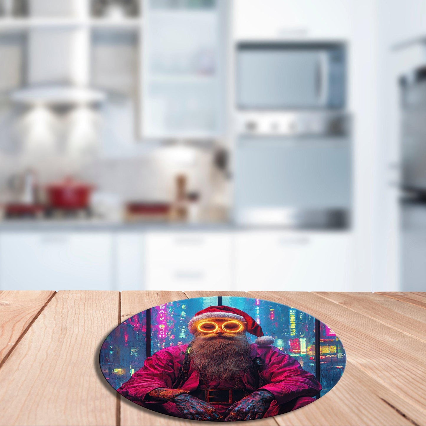 Cyberpunk Santa Glass Cutting Board 8-inch Round Trivet Charcuterie Board Gift for Her Mom Kitchen Decor