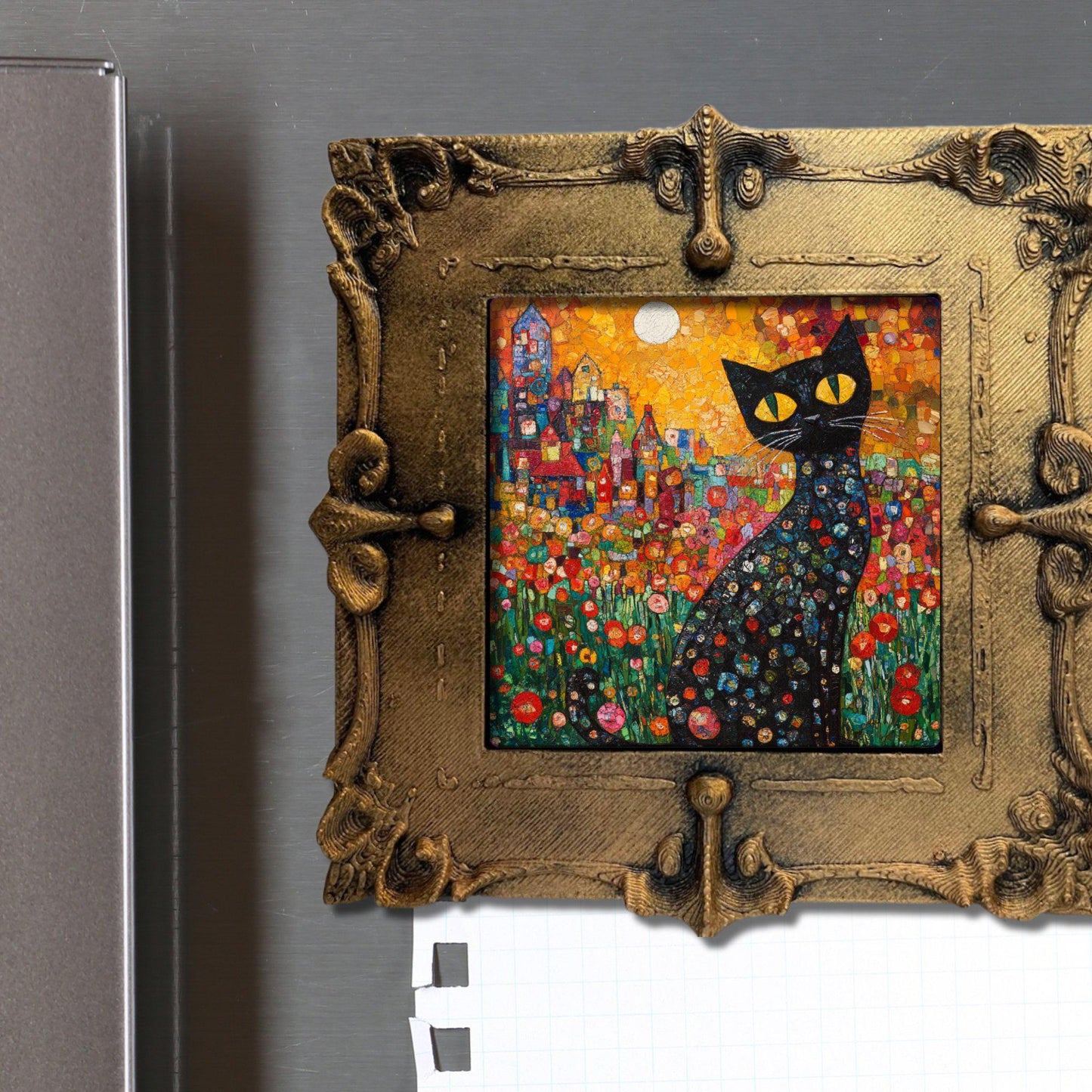 Garden Cat Klimt Style Gold Framed Refrigerator Magnet, Mini Art, Grand Millennial Style, Artful Kitchen Decor, Gift for Her fridgescaping