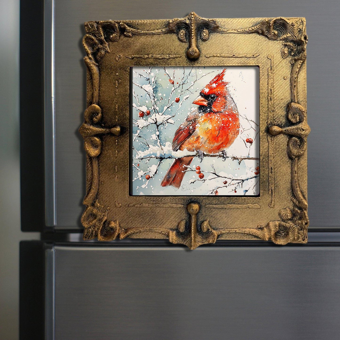 Wintery Cardinal Scene Tiny Art Fridge Magnet Gold Framed Fridgescaping Art Picture Gallery Tiny Art Gift for Her Wife Mom