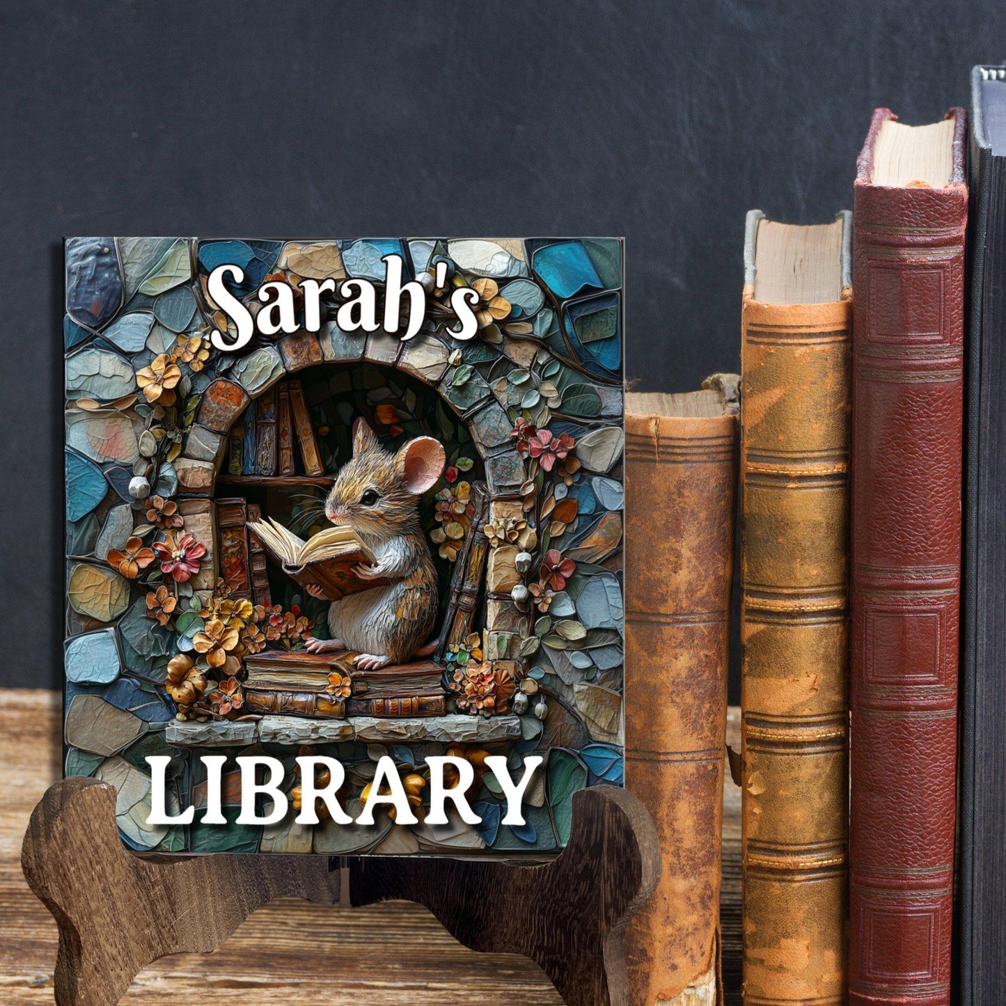 Mouse Reading Personalized Library Sign Book Lover Bookworm Biblio Gift Book Nook Shelf Decor Booktoker-Gift for Bookish