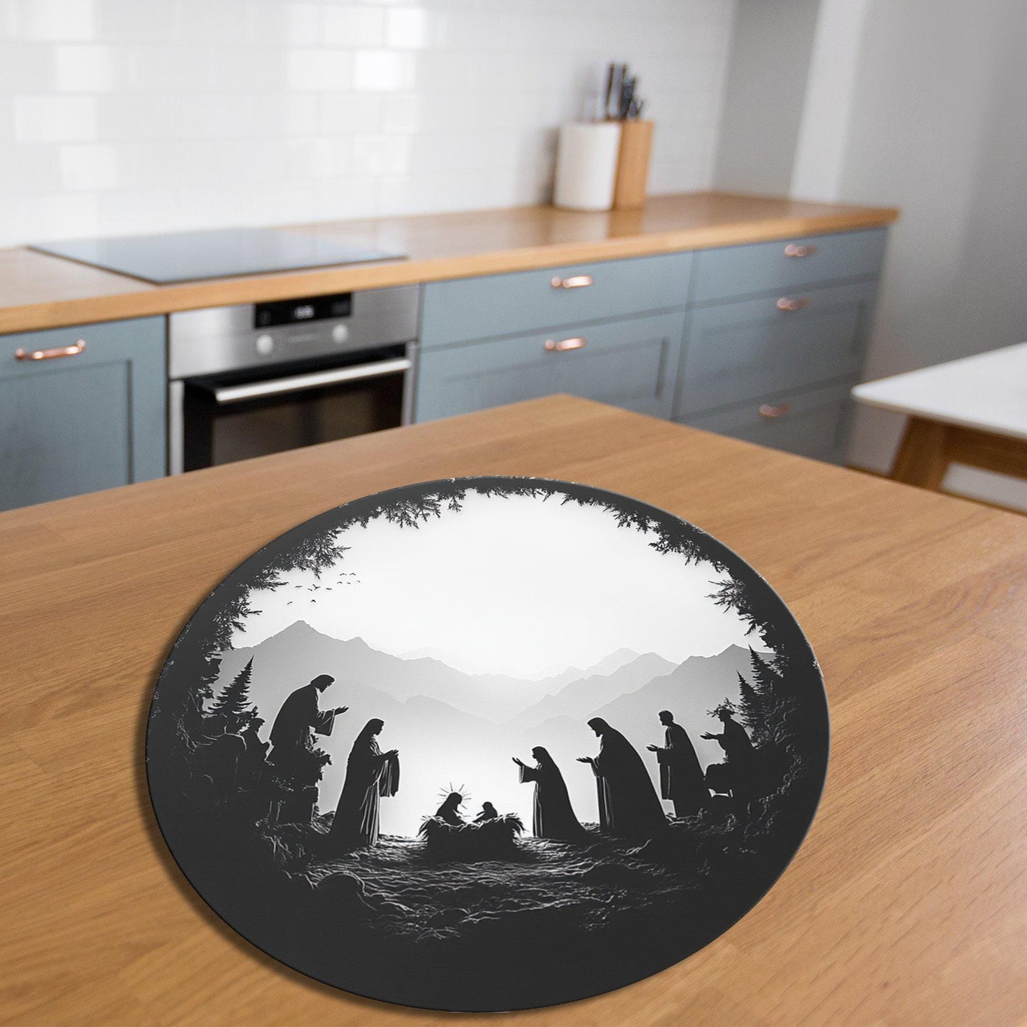 Silhouette Nativity Glass Cutting Board 8-inch Round Trivet Charcuterie Board Gift for Her Mom Kitchen Decor