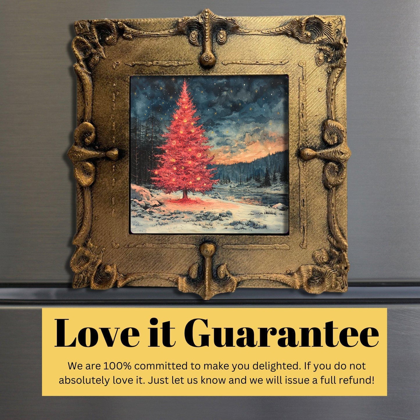 Pink Christmas Tree Gold Framed Refrigerator Magnet, Mini Art, Grand Millennial Style, Artful Kitchen Decor, Gift for Her fridgescaping