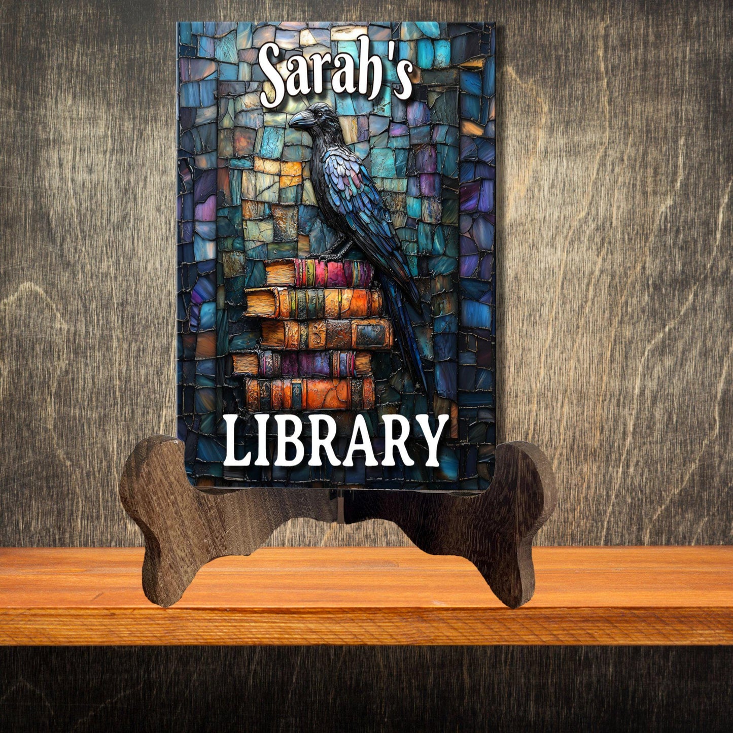 Raven Stack of Books Personalized Library Sign Book Lover Bookworm Biblio Gift Book Nook Shelf Decor Booktoker-Gift for Bookish