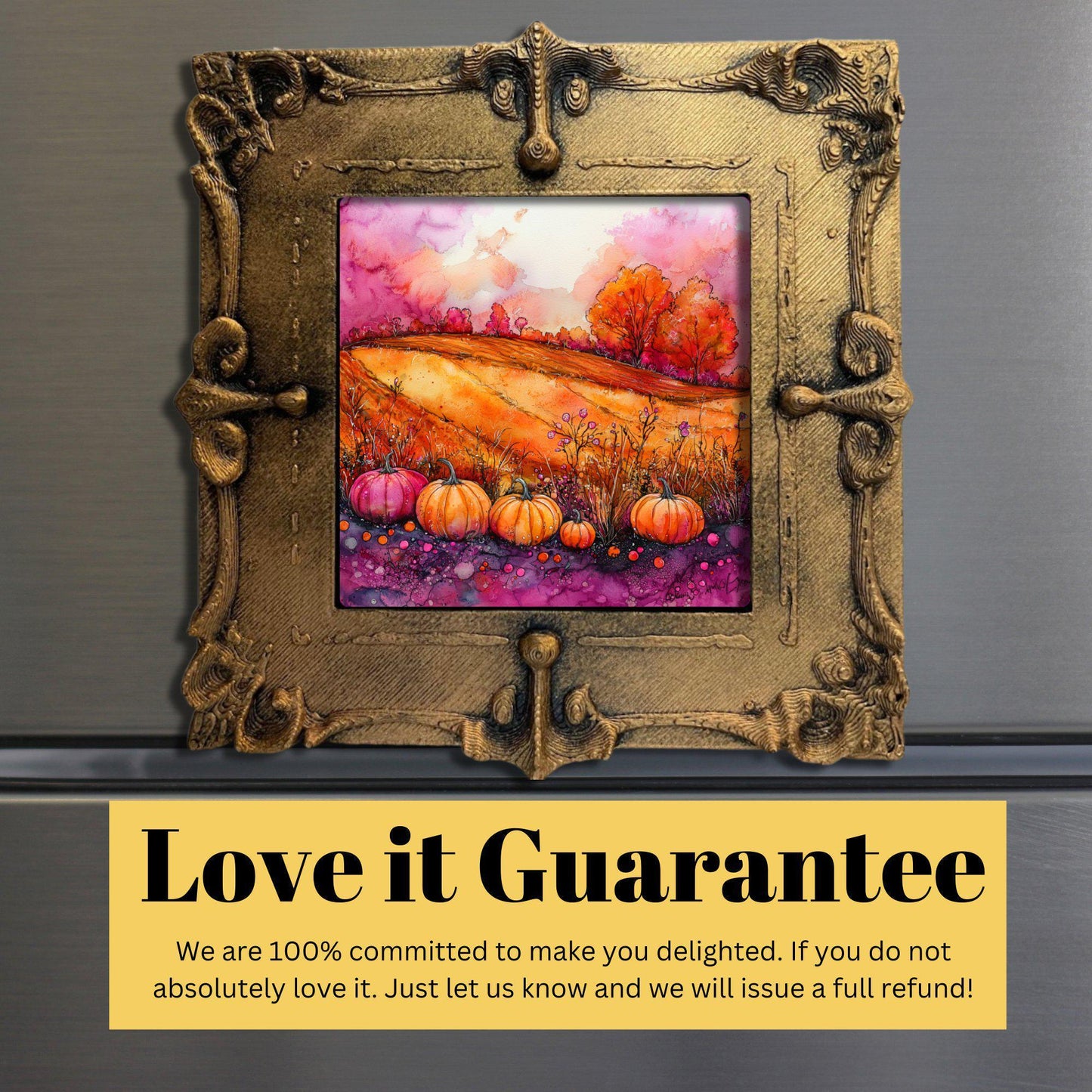 Pumpkins Pink and Orange Gold Framed Refrigerator Magnet, Mini Art, Grand Millennial Style, Artful Kitchen Decor, Gift for Her fridgescaping