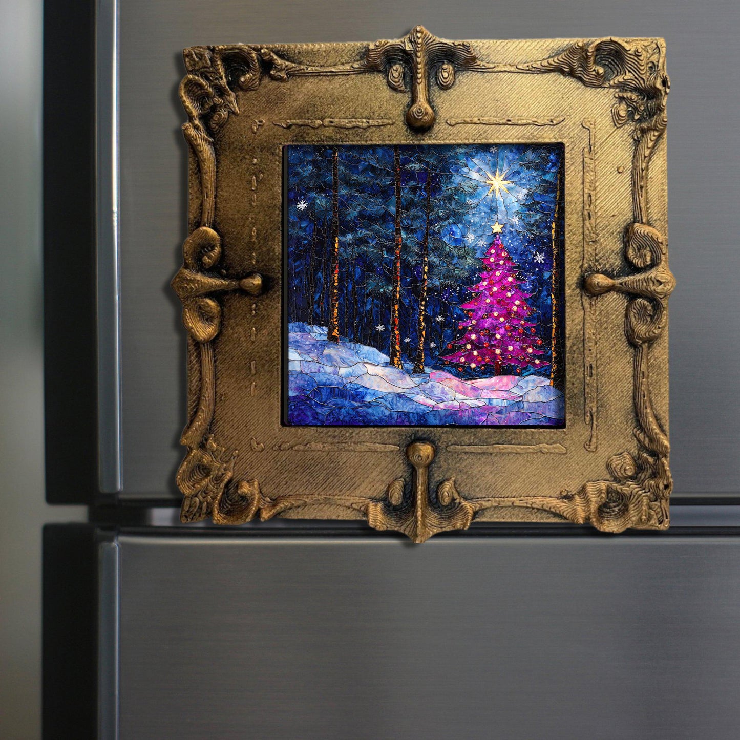 Pink Peaceful Christmas Tree Tiny Art Fridge Magnet Gold Framed Fridgescaping Art Picture Gallery Tiny Art Gift for Her Wife Mom