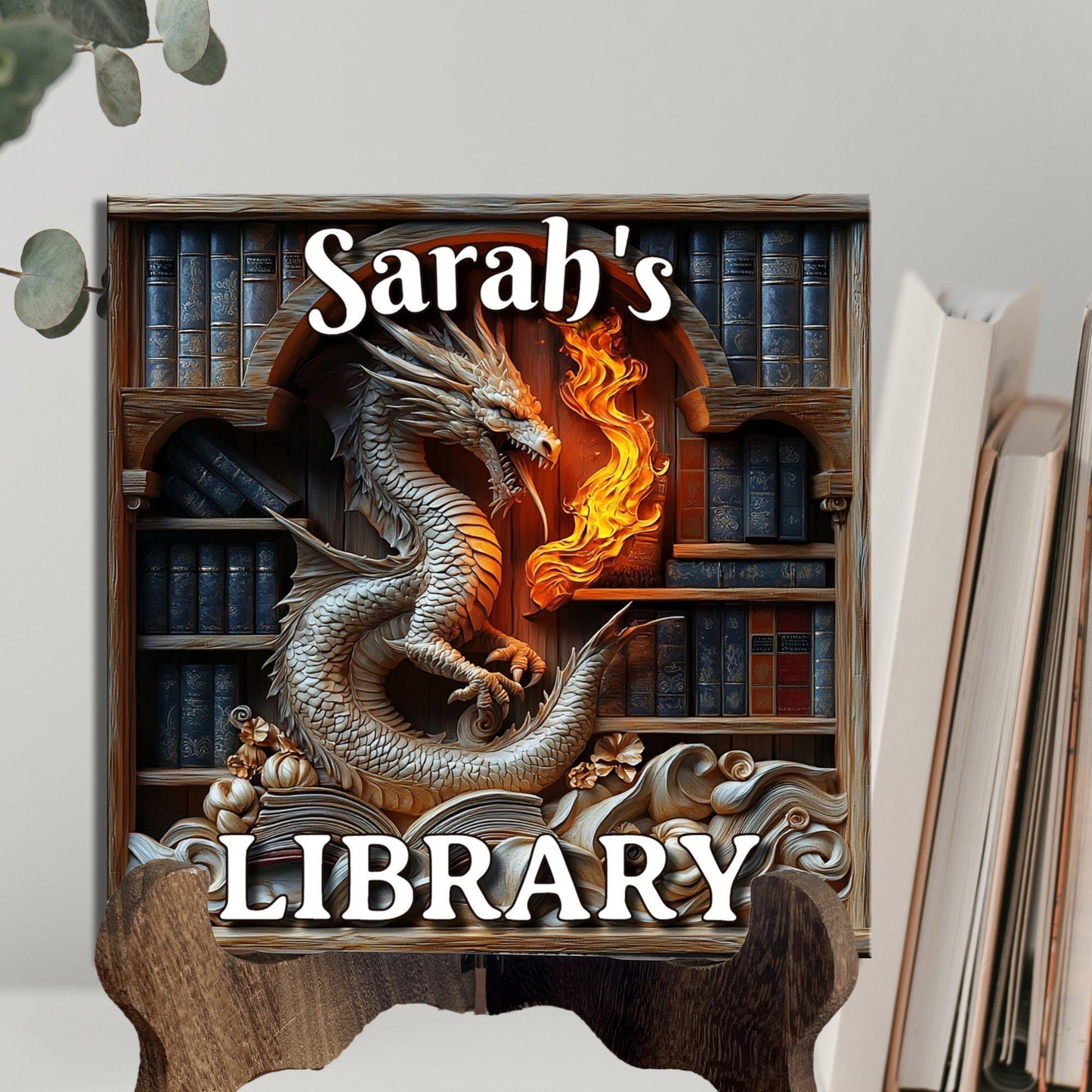 White Fiery Dragon Personalized Library Sign Fire Breathing Dragon Bookshelf Decor