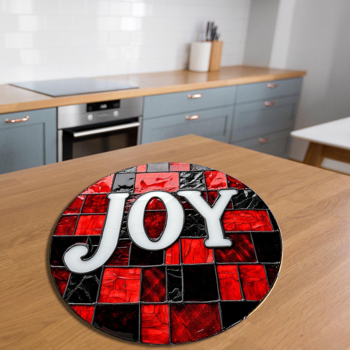 Joy on Red and Black Glass Cutting Board 8-inch Round Trivet Charcuterie Board Gift for Her Mom Kitchen Decor