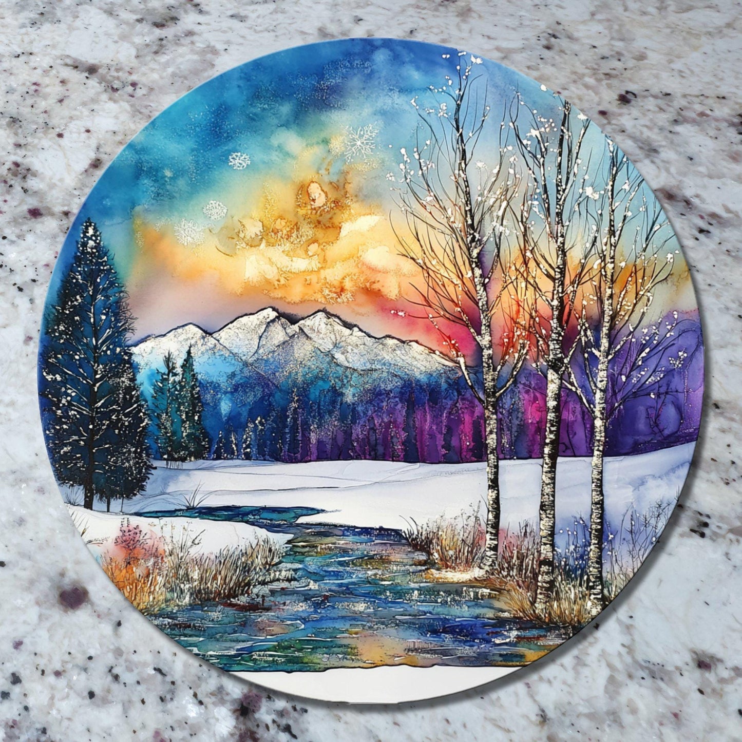 Peaceful Winter Meadow Glass Cutting Board 8-inch Round Trivet Charcuterie Board Gift for Her Mom Kitchen Decor