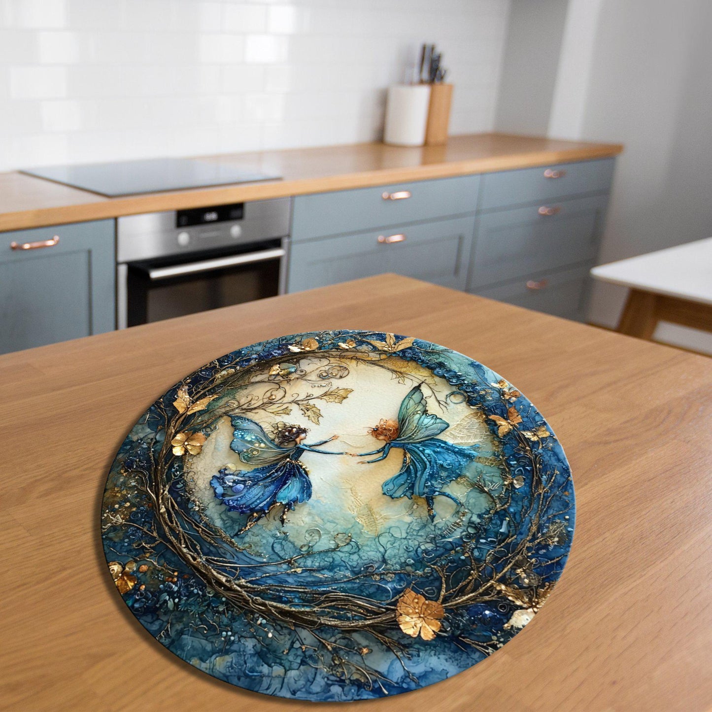 Winter Fairy Dance Glass Cutting Board 8-inch Round Trivet Charcuterie Board Gift for Her Mom Kitchen Decor