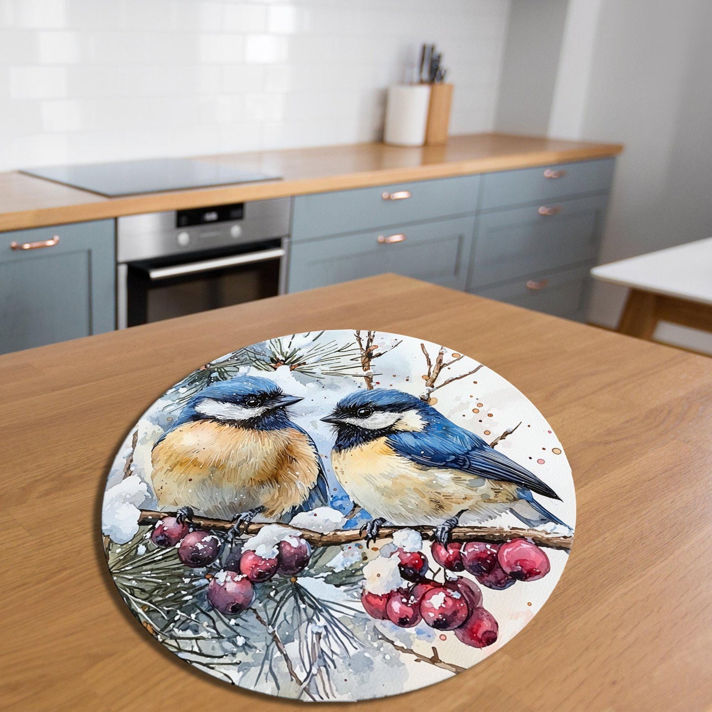 Bluebirds in Winter Glass Cutting Board 8-inch Round Trivet Charcuterie Board Gift for Her Mom Kitchen Decor