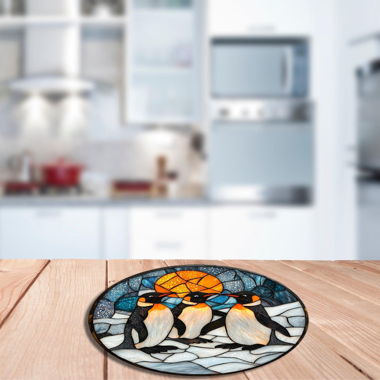 Penguins at Play Glass Cutting Board 8-inch Round Trivet Charcuterie Board Gift for Her Mom Kitchen Decor