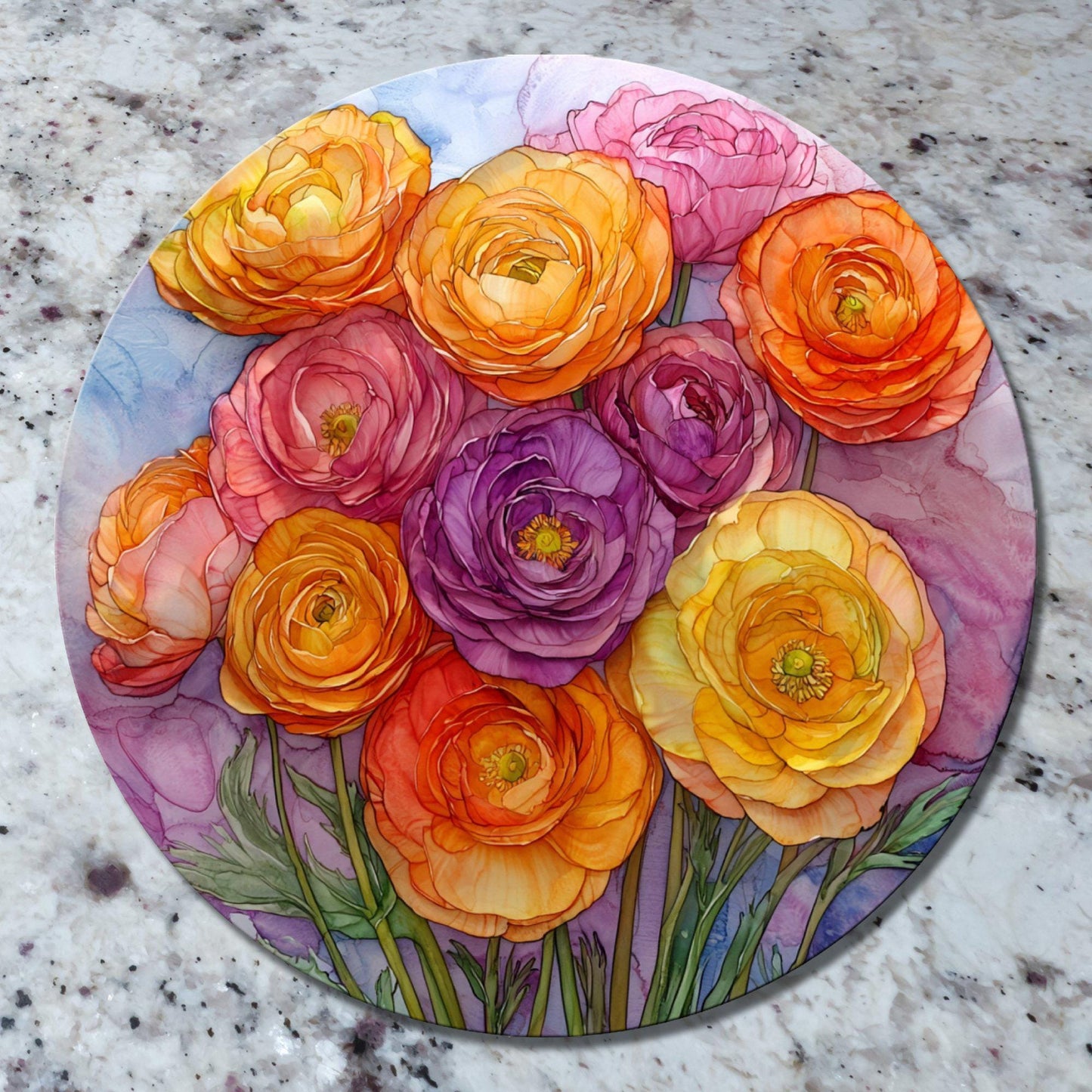 Ranunculus bouquet Glass Cutting Board 8-inch Round Trivet Charcuterie Board Gift for Her Mom Kitchen Decor