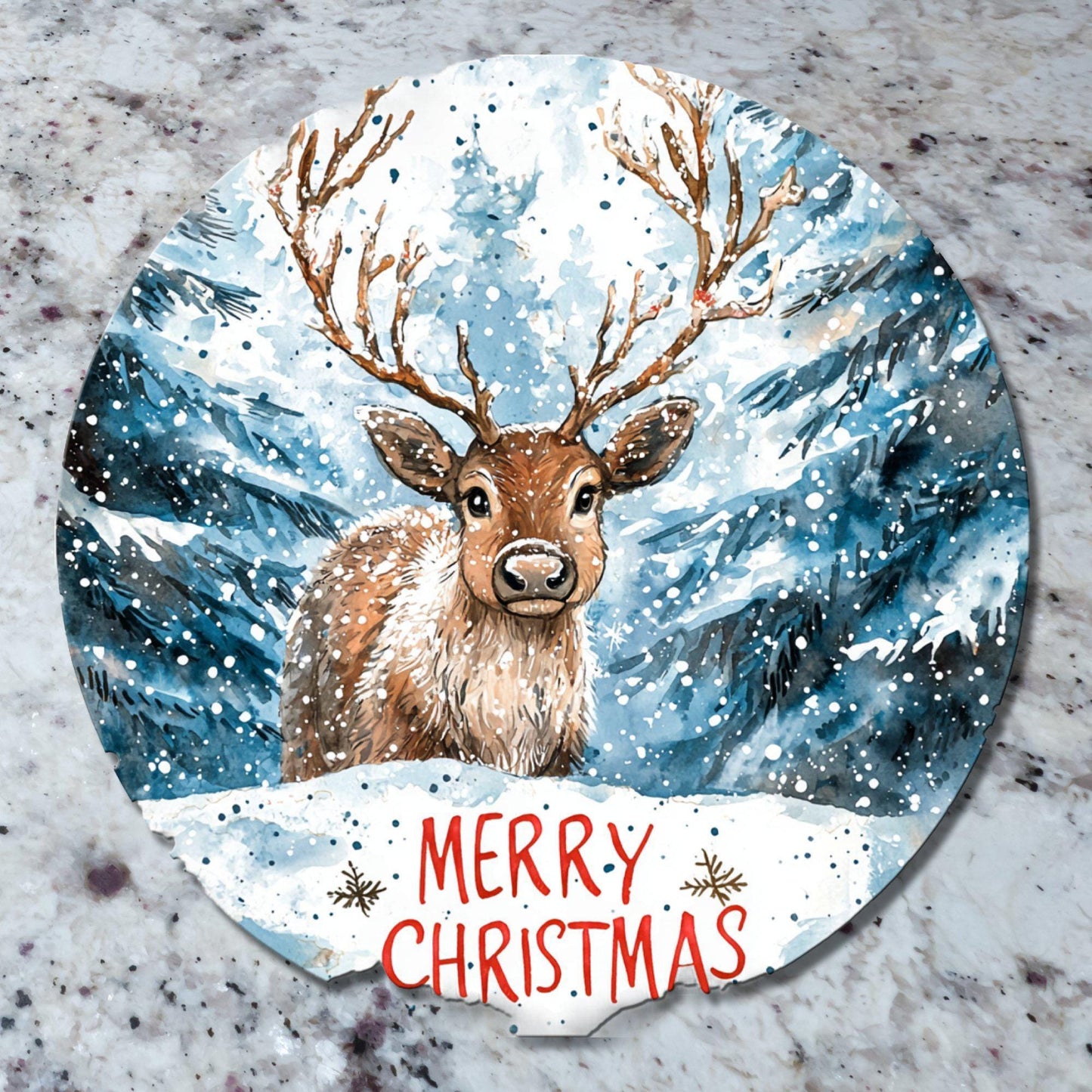 Merry Christmas Reindeer Glass Cutting Board 8-inch Round Trivet Charcuterie Board Gift for Her Mom Kitchen Decor