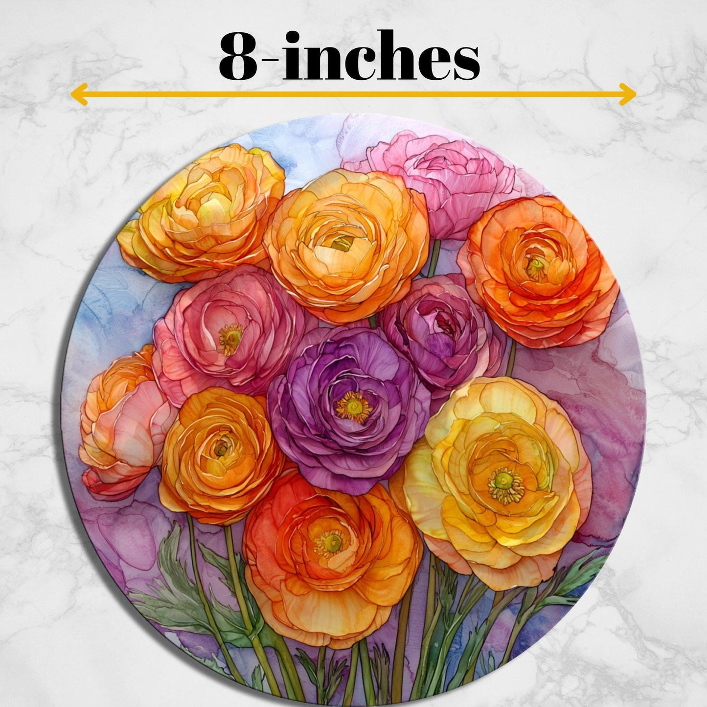 Ranunculus bouquet Glass Cutting Board 8-inch Round Trivet Charcuterie Board Gift for Her Mom Kitchen Decor