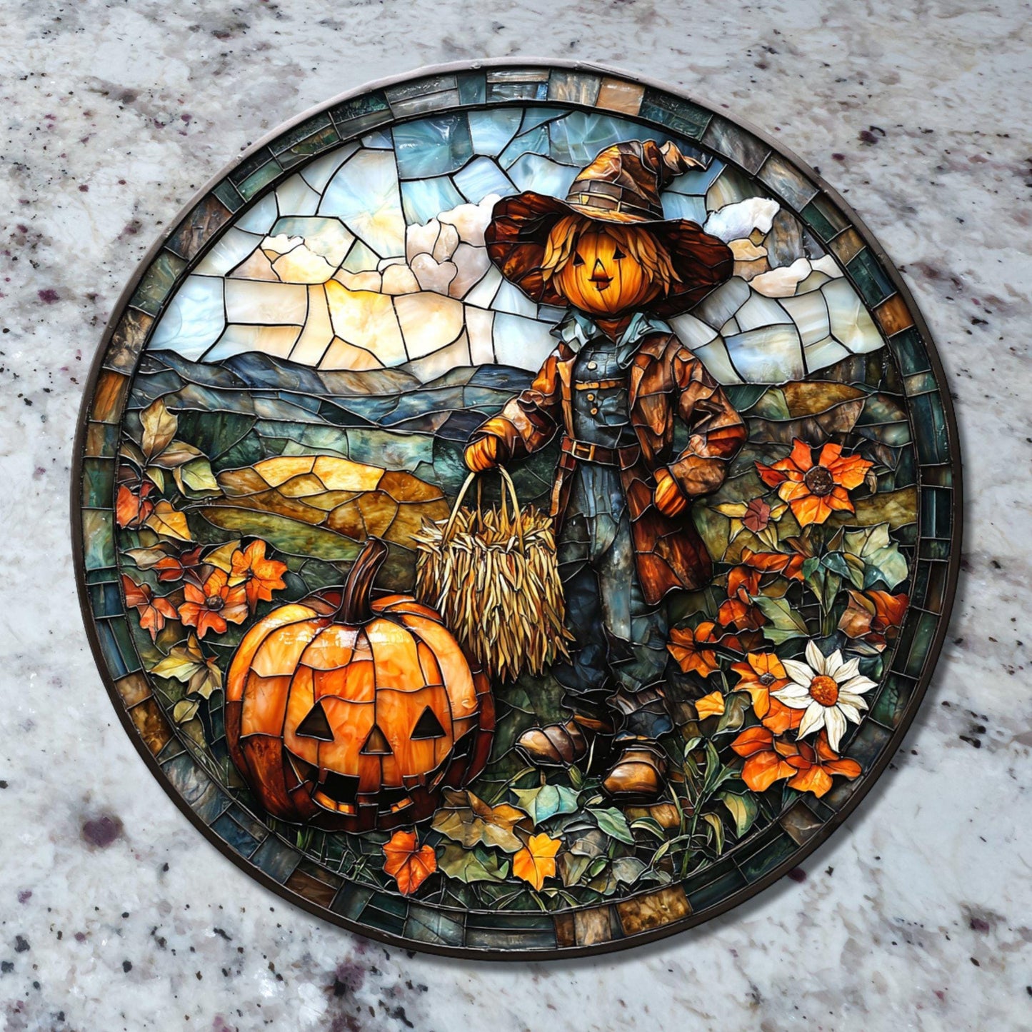 Pumpkin Scarecrow Glass Cutting Board Trivet Hot Plate Charcuterie Board Gift for Her Mom Christmas Housewarming