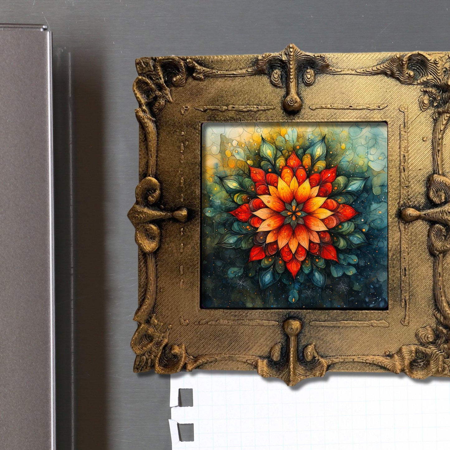 Christmas Themed Mandala Tiny Art Fridge Magnet Gold Framed Fridgescaping Art Picture Gallery Tiny Art Gift for Her Wife Mom