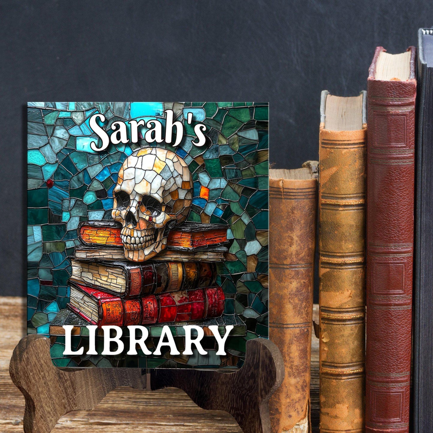 Skull Stack of Books Personalized Library Sign Customized Bookshelf Sign with Stand Book Lover Gift for Her Bestie