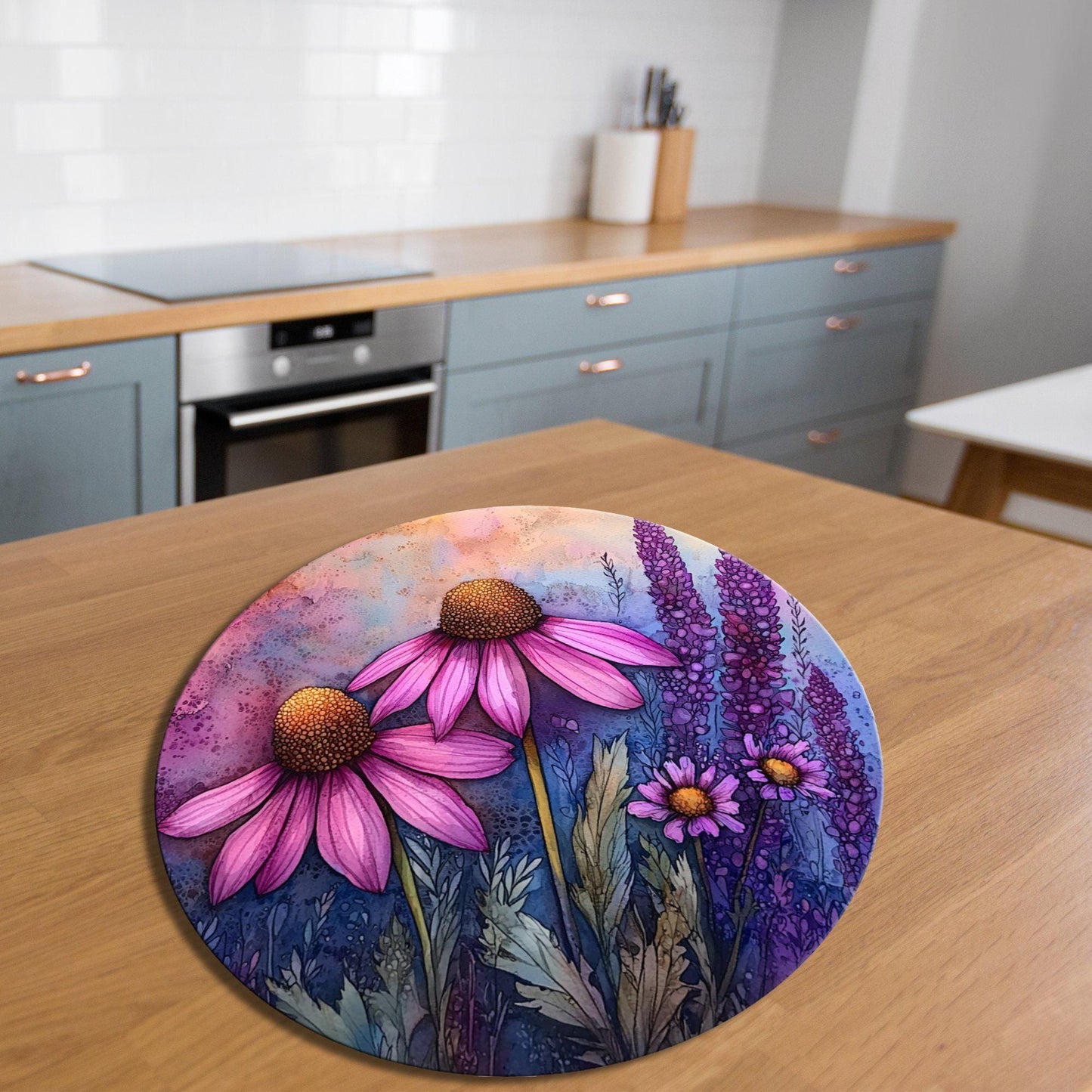 Cone Flower Glass Cutting Board 8-inch Round Trivet Charcuterie Board Gift for Her Mom Kitchen Decor