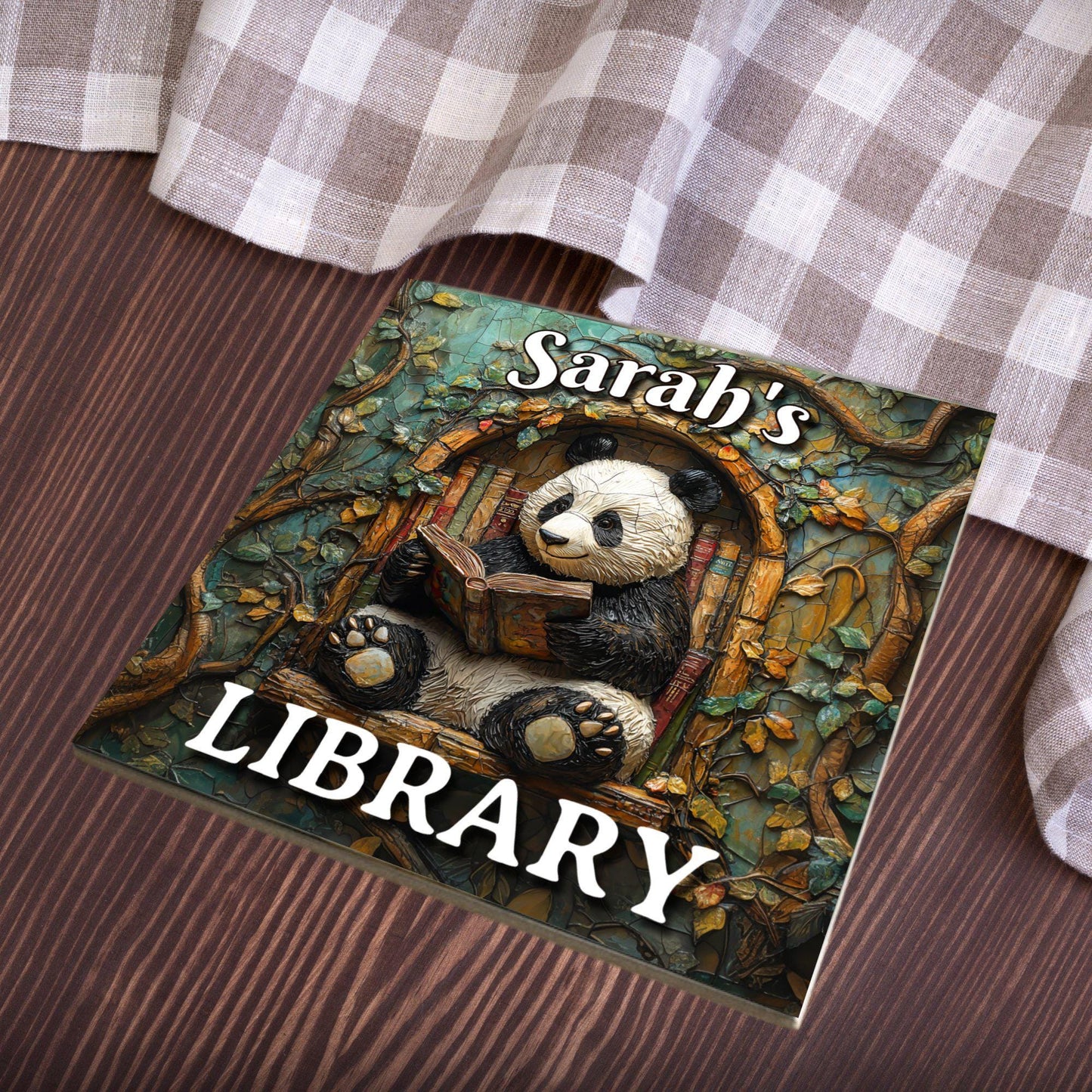 Panda Reading Personalized Library Sign Book Lover Bookworm Biblio Gift Book Nook Shelf Decor Booktoker-Gift for Bookish