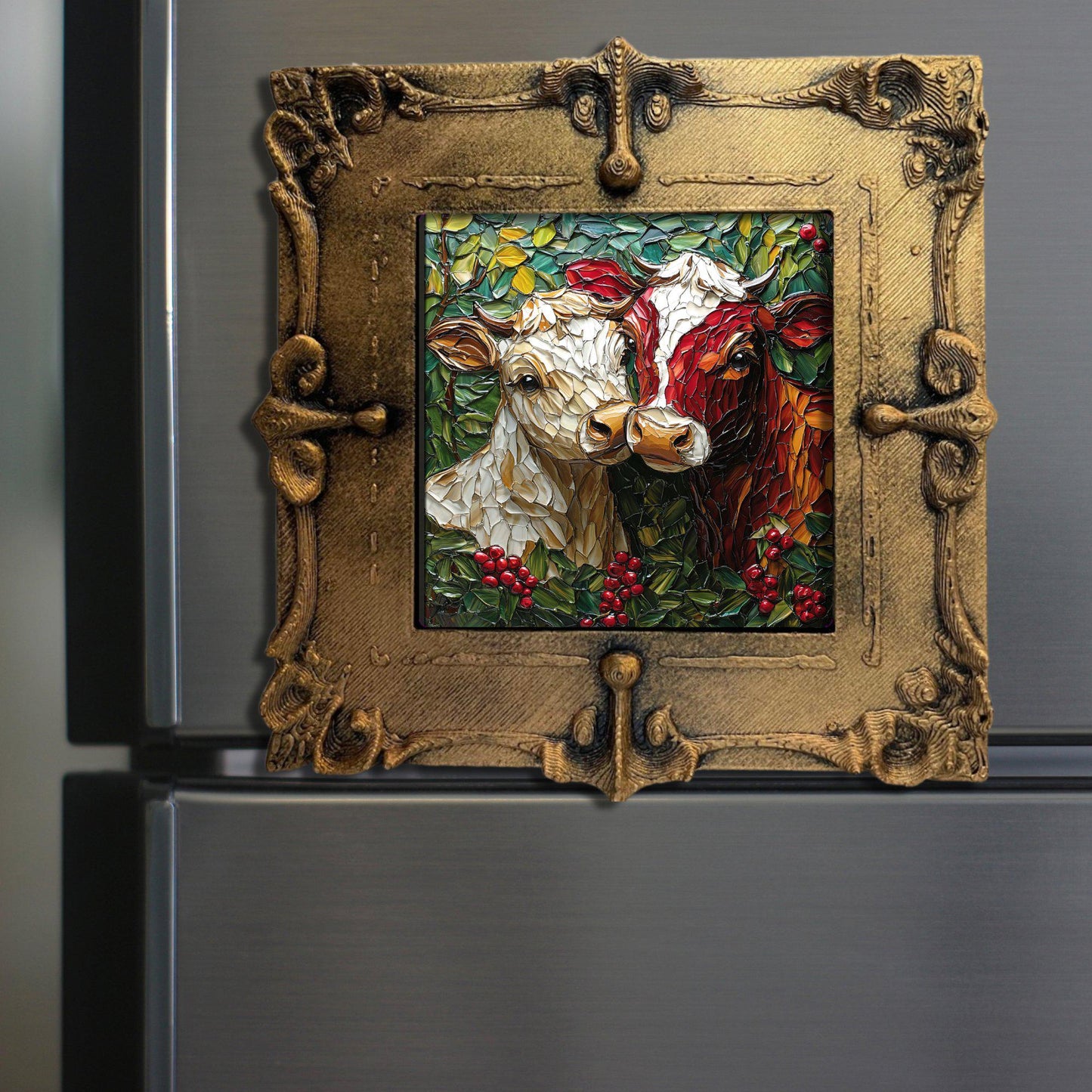 Cows Kissing Under Mistletoe Tiny Art Fridge Magnet Gold Framed Fridgescaping Art Picture Gallery Tiny Art Gift for Her Wife Mom