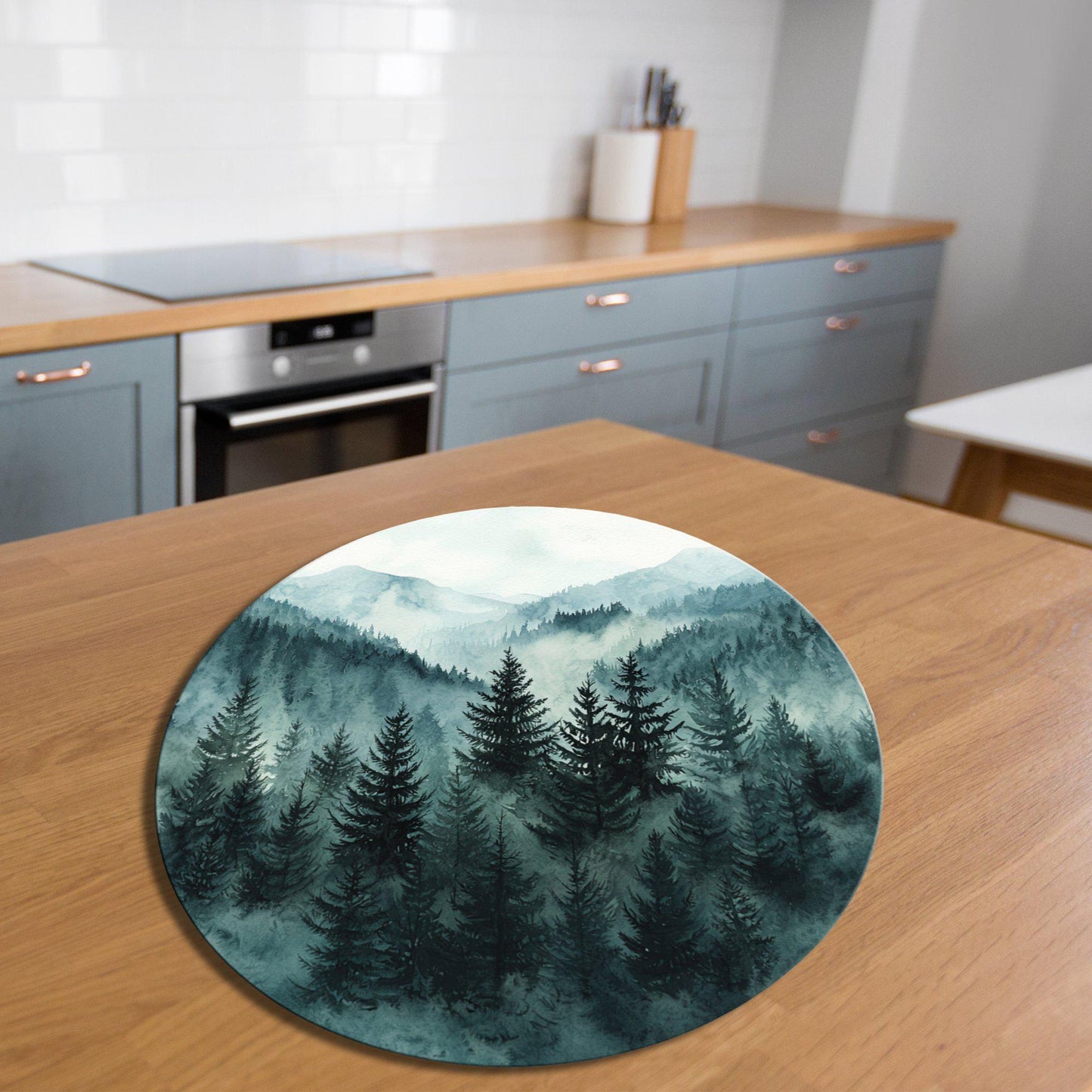 Misty Green Forest Hills Glass Cutting Board 8-inch Round Trivet Charcuterie Board Gift for Her Mom Kitchen Decor