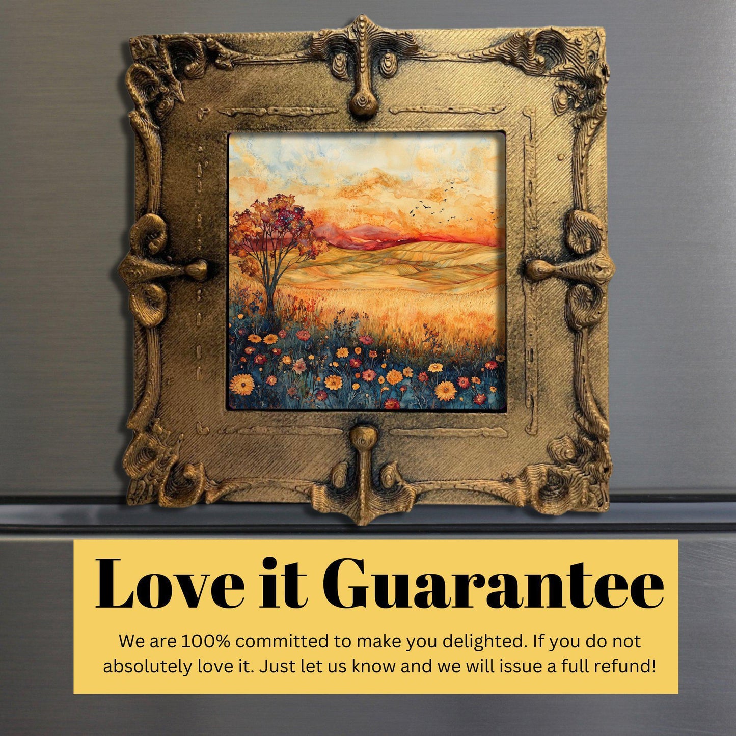 Autumn Wildflower Prairie Gold Framed Refrigerator Magnet, Mini Art, Grand Millennial Style, Artful Kitchen Decor, Gift for Her