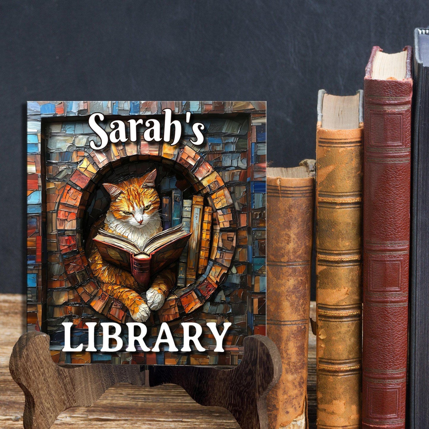 Cat Reading Personalized Library Sign Bookful Catful Petful Cat Lover Reader Gift