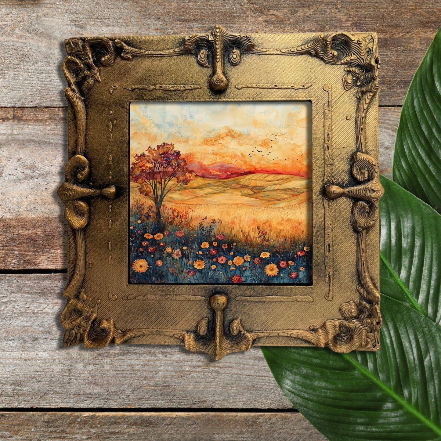 Autumn Wildflower Prairie Gold Framed Refrigerator Magnet, Mini Art, Grand Millennial Style, Artful Kitchen Decor, Gift for Her