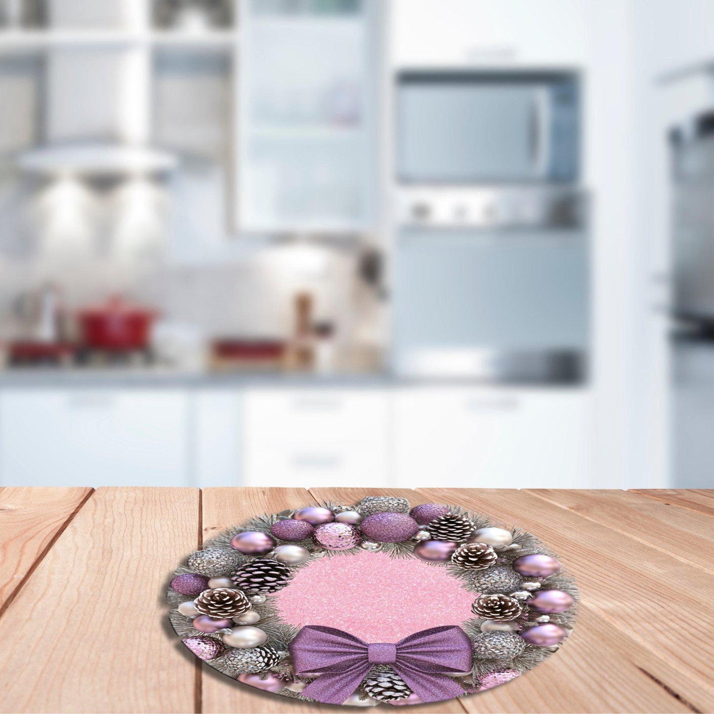 Pink and Pearl Christmas Wreath Glass Cutting Board 8-inch Round Trivet Charcuterie Board Gift for Her Mom Kitchen Decor