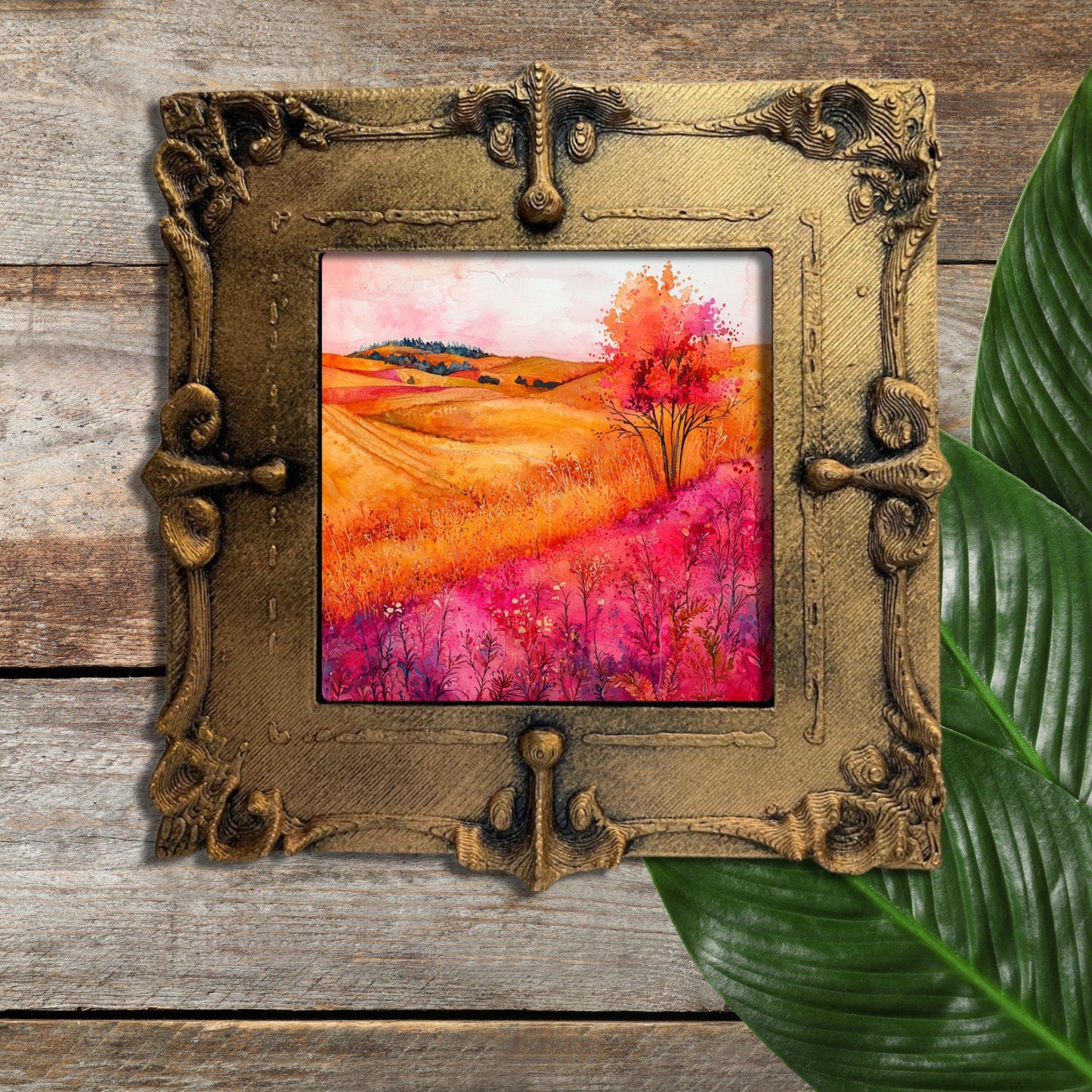 Fall in Pink and Orange Gold Framed Refrigerator Magnet, Mini Art, Grand Millennial Style, Artful Kitchen Decor, Gift for Her fridgescaping