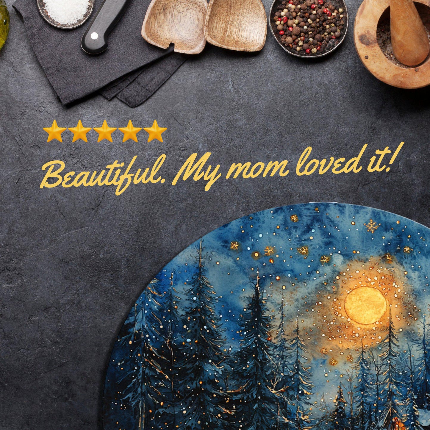 Cozy Christmas Cabin Glass Cutting Board 8-inch Round Trivet Charcuterie Board Gift for Her Mom Kitchen Decor