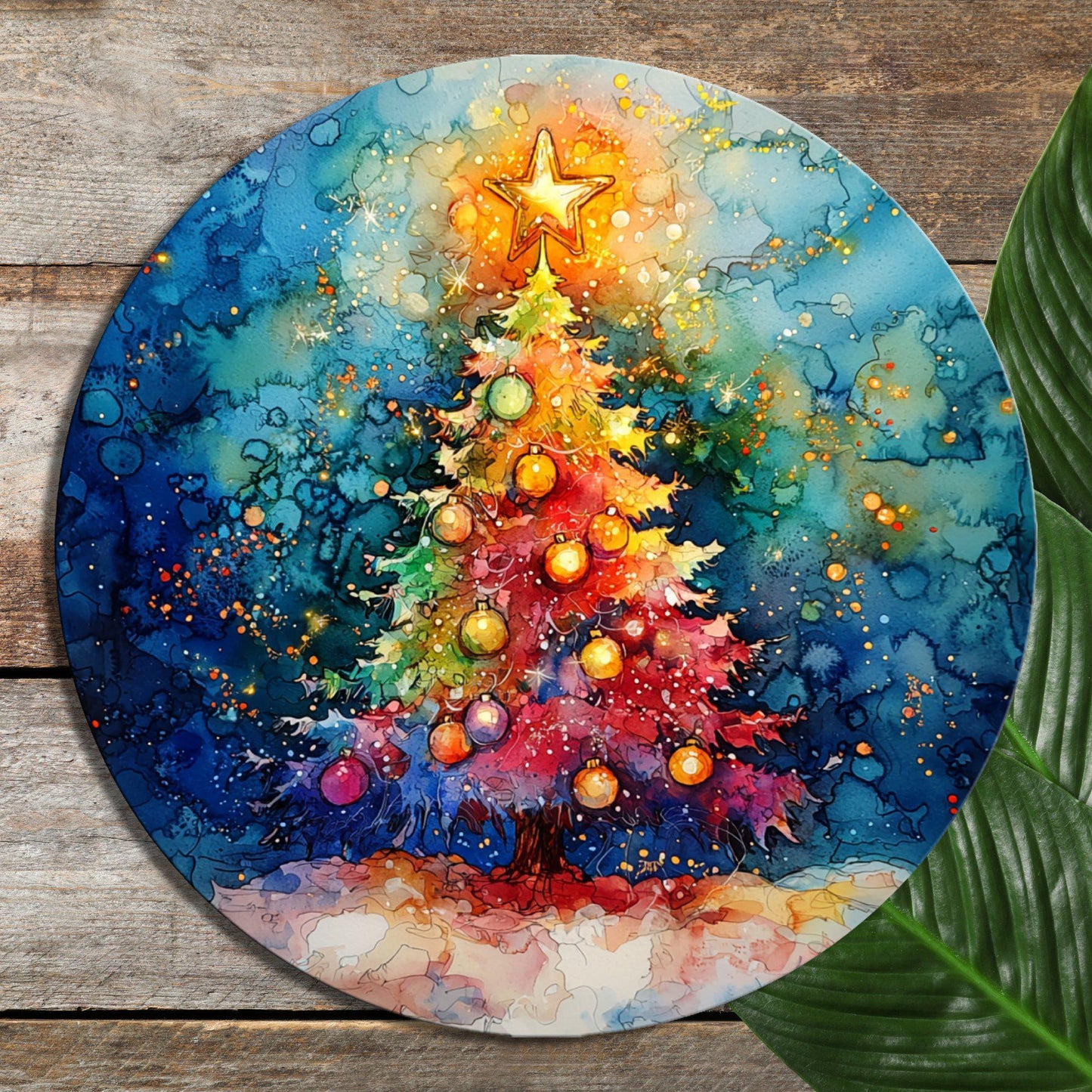 Kawaii Christmas Tree Glass Cutting Board 8-inch Round Trivet Charcuterie Board Gift for Her Mom Kitchen Decor