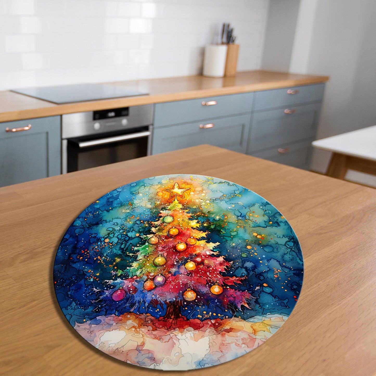 Kawaii Christmas Tree Glass Cutting Board 8-inch Round Trivet Charcuterie Board Gift for Her Mom Kitchen Decor