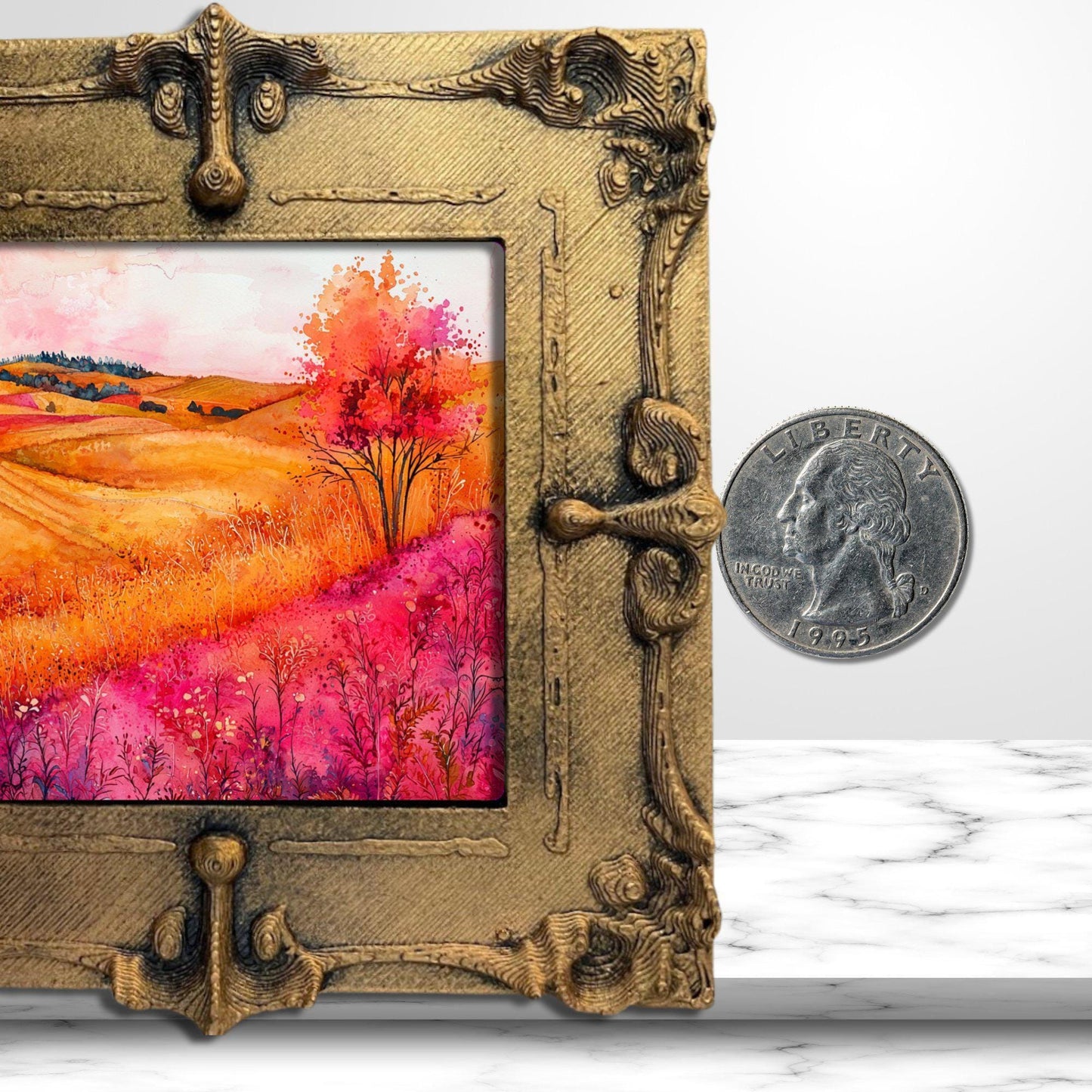 Fall in Pink and Orange Gold Framed Refrigerator Magnet, Mini Art, Grand Millennial Style, Artful Kitchen Decor, Gift for Her fridgescaping