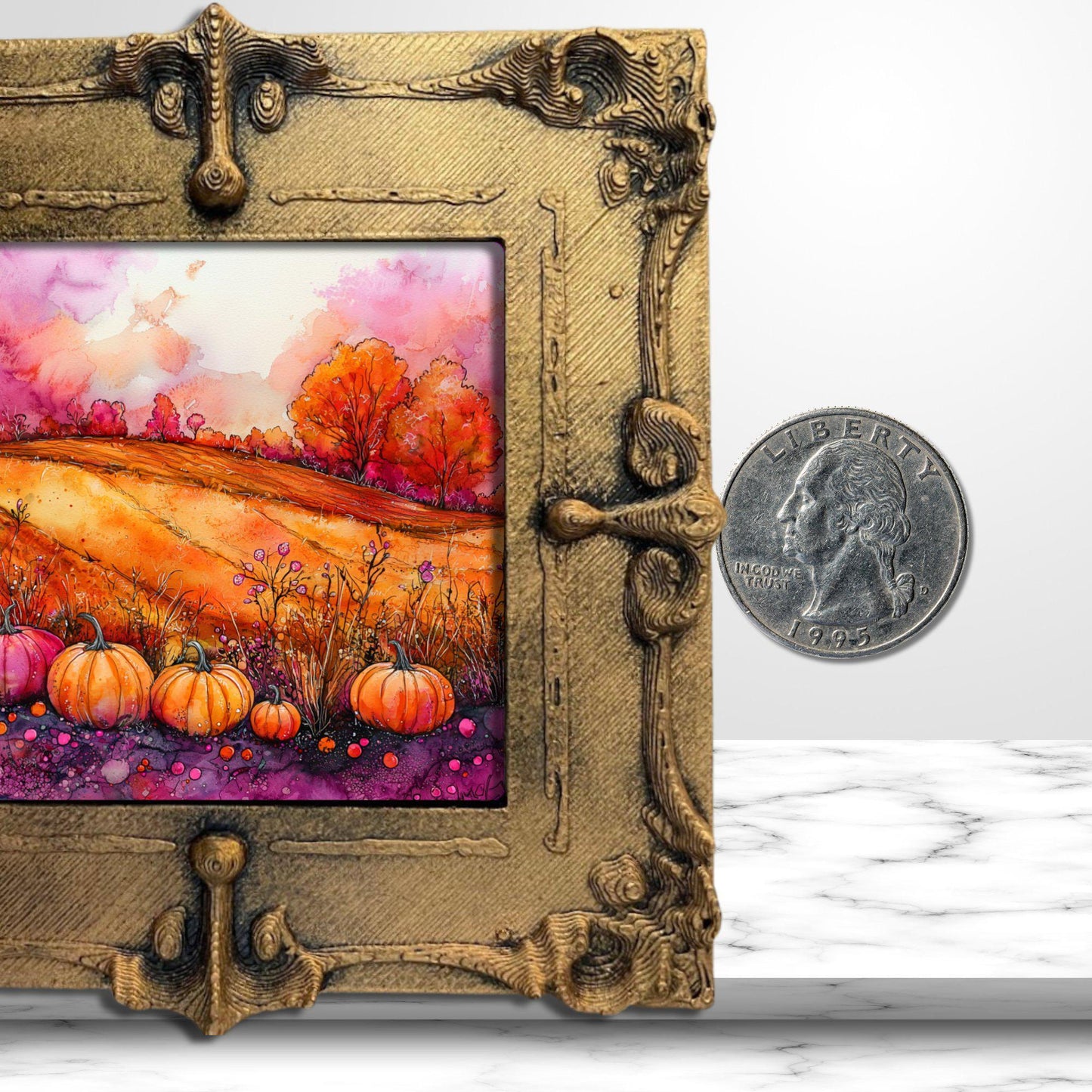 Pumpkins Pink and Orange Gold Framed Refrigerator Magnet, Mini Art, Grand Millennial Style, Artful Kitchen Decor, Gift for Her fridgescaping