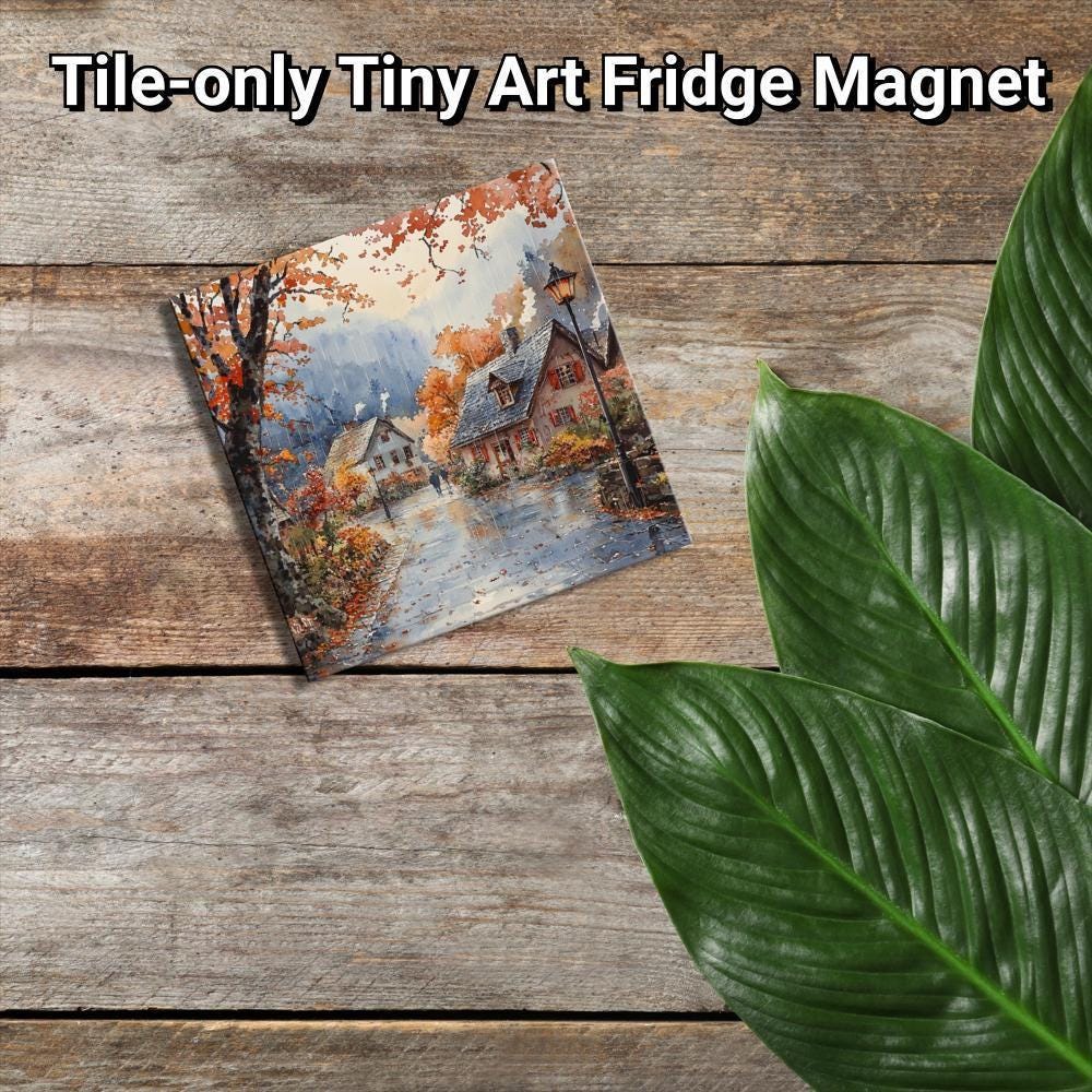 Rainy Autumn Village Gold Framed Refrigerator Magnet, Mini Art, Grand Millennial Style, Artful Kitchen Decor, Gift for Her fridgescaping