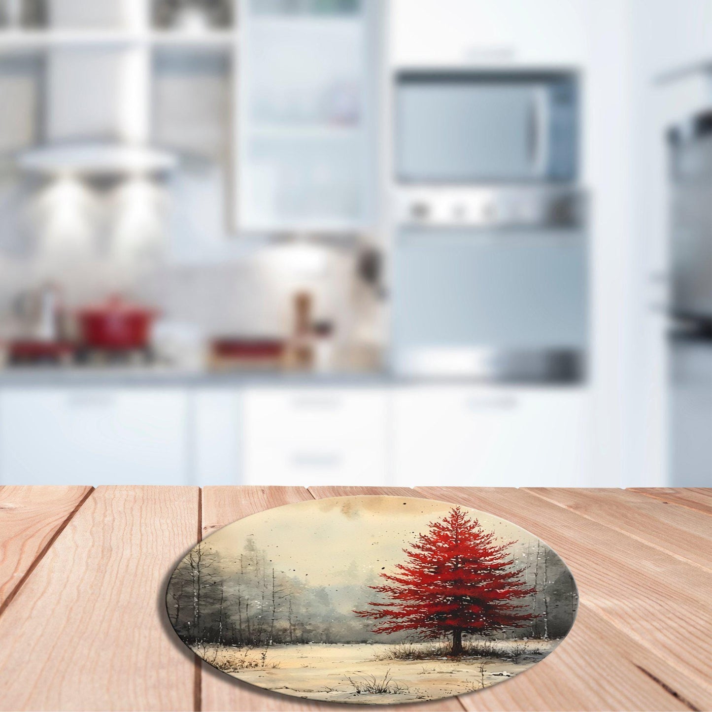 Red Christmas Tree Glass Cutting Board 8-inch Round Trivet Charcuterie Board Gift for Her Mom Kitchen Decor