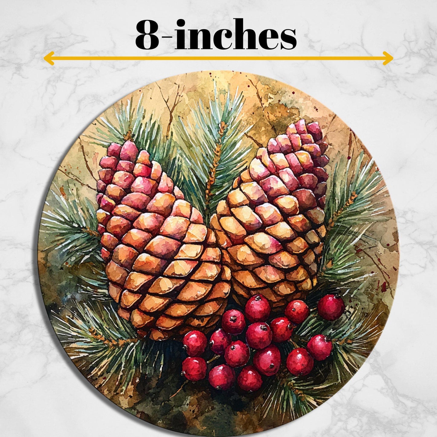 Pinecones and Red Berries Glass Cutting Board 8-inch Round Trivet Charcuterie Board Gift for Her Mom Kitchen Decor